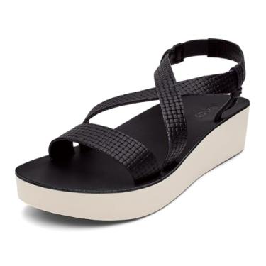 Imagem de OLUKAI Onohi Sandálias femininas de couro com tiras, sandálias plataforma premium com couro de flor integral, confortáveis e versáteis, uso diário, Areia preta/branca, 35