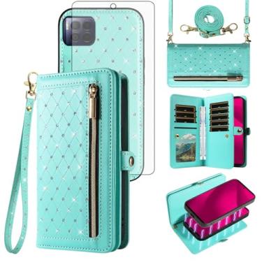 Imagem de Capa para celular T-Mobile Revvl 7 Pro 5G com zíper carteira destacável com protetor de tela alça transversal Bling Flip suporte para cartão de crédito Tmobile T Mobile Revel Tmo Revell Rebel feminino