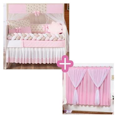 Imagem de Kit Berço Trançado Doce de Bebê Rosa Menina 11 + Cortina
