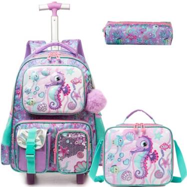 Imagem de Egchescebo Mochila Escolar Infantil com Rodinhas para Meninas e Crianças Rodas Bolsa Mala Carrinho 17” 3PCS Lancheira Juvenil Estojo Costas Divertidamente Multifuncionais Viagem Cavalo-marinho Roxo