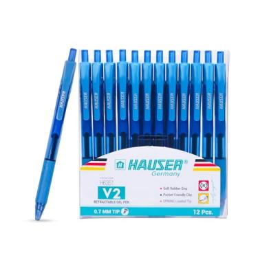 Imagem de HAUSER Caneta de gel V2, tinta azul, ponta de 0,7 mm – escrita suave, design retrátil, aderência de borracha macia, clipe de bolso, conjunto de 12 peças para uso no escritório e na escola