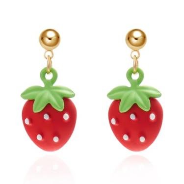 Imagem de Brincos de morango para mulheres, esmaltado, fruta, morango, banhado a ouro 14 k, comida, morango, joias, acessórios, presentes, Zinco, Strass