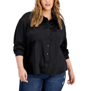 Imagem de love, FiRE Blusa feminina moderna de cetim martelado com botões (preta, 2GG), Preto, XXG Plus Size