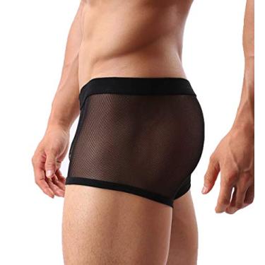 Imagem de Cuecas boxer masculinas sexy de malha respirável Lingerie transparente vazada, Preto, Large