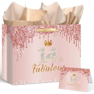 Imagem de Yoirrat Bolsa de presente de aniversário de 14 anos rosa e fabulosa para meninas, grande, rosa, feliz aniversário de 14 anos, com papel de embrulho de 14 anos e cartão para decorações de aniversário