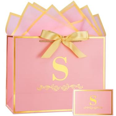 Imagem de Saco de presente de aniversário alfabeto com cartão e papel de seda para homens e mulheres, 33 cm grande ouro rosa personalizado festa nupcial presente saco de papel para embrulho de presentes -