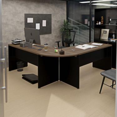Imagem de Mesa Escrivaninha em L Canto Arredondado 140x60cm Nogal/Preto