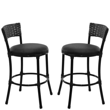 Imagem de 2 Banquetas Forts Baixa Fibra Sintética E Ferro, Assento Estofado - Preto
