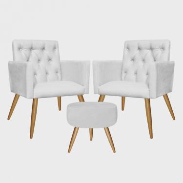 Imagem de Kit 2 Poltronas e Puff Redondo Nina Capitonê Pé Palito Corino Branco - Ahz Móveis