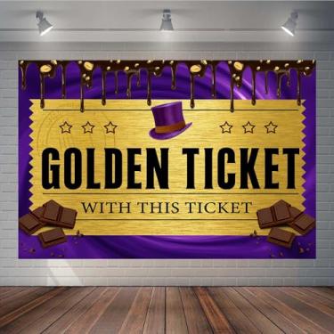 Imagem de TOAOFY 2,8 x 1,5 m Golden Ticket Candy Chocolate Banner Pano de fundo roxo para festa de aniversário infantil para meninos e meninas, decoração de recém-nascidos, adereços TAYBDJ837