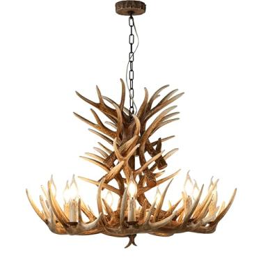 Imagem de Hubrin Iluminação De Lustre De Chifre De Veado Rústico, Luminárias De Chifre De Veado De 4 Camadas, 18 Chifres, 9 Luzes, Lustre De Chifre De Veado De Granja Para Sala De Estar, Sala De Jantar, Escad