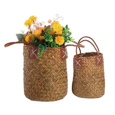 Imagem de Cesta de flores de tecido, 2 peças, cesta de tecido de alga marinha, armazenamento de barriga, organizador de vasos de flores com alças para lavanderia, piquenique, mercearia, armazenamento de canudo