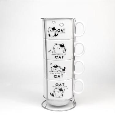 Imagem de Conjunto de Xícaras de Porcelana com Desenhos de Gato, 4 Peças, Branco, com Suporte