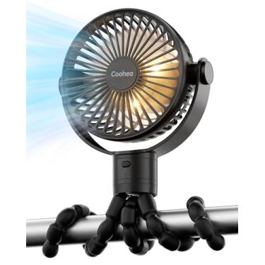 Imagem de Coohea Ventilador de carrinho de bebê com luzes, clipe de tripé flexível removível, alimentado por bateria recarregável, vento de 3 velocidades, rotação de 360°, ventilador portátil pequeno para