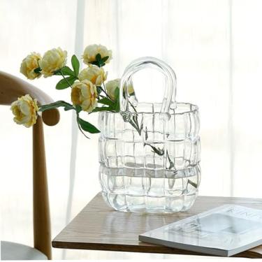 Imagem de Vaso exclusivo para flores de 28 cm de vidro transparente com alça e bolhas, vaso de vidro feito à mão com design de bolsa elegante, adequado para centro de mesa, decoração de casamento, presente de