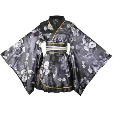 Imagem de Quimono feminino curto sexy fantasia adulta estampa de gueixa japonesa vestido de festa de Halloween vestido chique com cinto, nº 92, preto, G