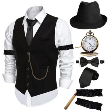 Imagem de ZeroShop Fantasia masculina de Halloween anos 20 Peaky Blinders Roaring 20s Gangster Mobster Outfit, Colete de chapéu sólido, GG