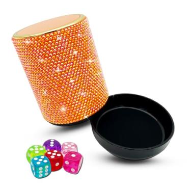 Imagem de Bling Dice Cup Velvet Felt-Lined Quiet Shaker with Lid Includes 12 Dices Plastic Dice Cup Set for Bar Party Family Yahtzee Farkle Classic Dice Games (Orange)
