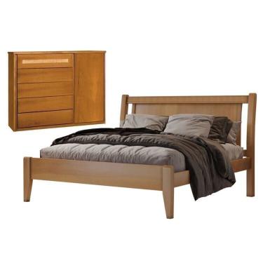 Imagem de Conjunto Quarto De Casal Cama Em Madeira Maciça E Cômoda 5 Gavetas Com Sapateira Rattam Unique Amêndoa Mel
