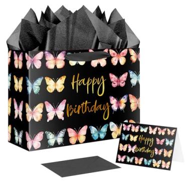 Imagem de JWSCYSY Linda bolsa de presente de feliz aniversário borboleta de 32 cm com papel de seda e cartão para mulheres e meninas (preto dourado)
