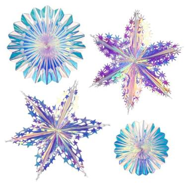 Imagem de 4 peças de decorações iridescentes de floco de neve, enfeites holográficos de flocos de neve pendurados no teto para Natal, inverno, festa, aniversário, casamento, chá de bebê, papel alumínio para