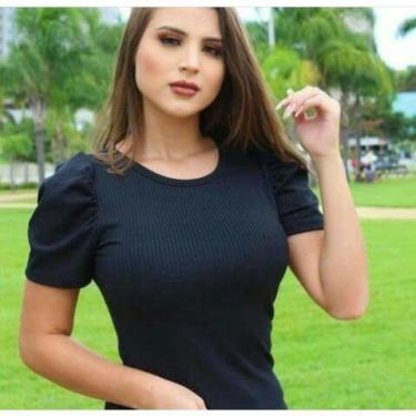 Imagem de Blusa canelada gola rasa bufante manga curta - Filó Modas