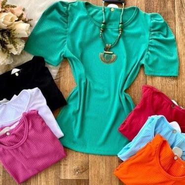 Imagem de Blusa feminina manga curta princesa bufante gola rasa malha canelada t