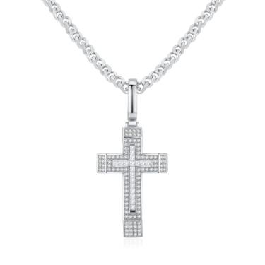 Imagem de VIVDEC Colar masculino com cruz hip hop de 61 cm - corrente com pingente de crucifixo banhado a ouro 18K ou ródio, Zircônia cúbica, Zircão