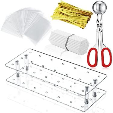 Imagem de Suprimentos e decoração para fazer pirulitos, incluindo suporte de acrílico pirulito pop pop suporte de bolo pop bola de carne, 100 peças palitos de pirulito, 100 peças saco de guloseimas transparentes, 100 peças de laços dourados metálicos torcidos
