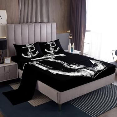 Imagem de Feelyou Jogo de cama casal com âncora náutica infantil, decoração de quarto de meninos e meninas, âncora de veleiro, 1 lençol com elástico + 2 fronhas + 1 lençol de cima