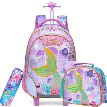 Imagem de ZBAOGTW Mochila com rodinhas para crianças de 8 a 12 anos com lancheira com rodinhas para crianças escolares com rodas, Sereia roxa, 42cm x 30cm x 20cm