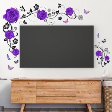 Imagem de ZARROUEA Decalques de parede floral rosa, decoração de fundo de TV de vinil com borboletas, opções de vermelho, azul, roxo, rosa, removível, tema de natureza moderna, 92 x 61 cm, para sala de estar e