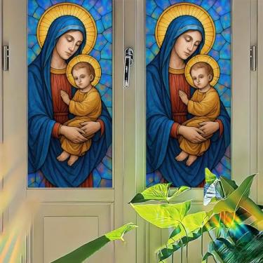 Imagem de Starlit Patio Madonna and Child Película para janela de vitrais religiosos, painel de privacidade, aderência estática, sem cola, capa decorativa para entrada de sala de oração da igreja 45 x 99 cm
