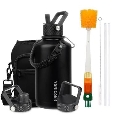 Imagem de YONICOER Garrafa de água isolada de 1,8 g, aço inoxidável a vácuo de parede tripla (pode ser lavada na lava-louças), à prova de vazamento e não BPA, jarro com alça de paracord e tampas de bico de