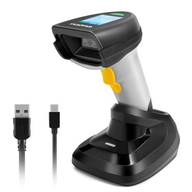 Imagem de Scanner de código de barras 2D sem fio, QR Code Scanner portátil de código de barras com base 2 em 1 conexão USB com fio e leitor automático de código de barras de matriz de dados 1D e 2D e PDF417 sem