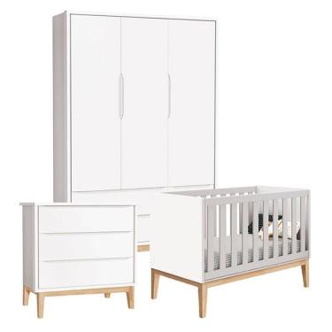 Imagem de Quarto De Bebê Classic 3 Portas Cômoda Gaveteiro Branco Com Pés Madeira Natural - Reller