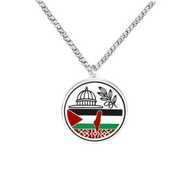 Imagem de JunyiDIY Colar bandeira palestina para homem e mulher, medalhão redondo esmaltado com mesquita Al-Aqsa e pomba, símbolo de unidade, paz e fé islâmica, 50 centímetros, Aço inoxidável, Sem Pedra