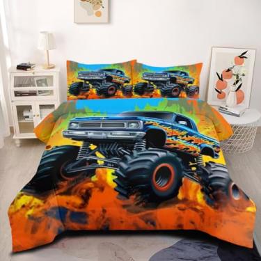 Imagem de CCoutueChen Conjunto de edredom casal laranja com estampa de rodas, caminhão, macio, leve, coquete, 3 peças com 2 fronhas