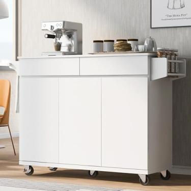 Imagem de Ilha de armazenamento móvel de cozinha minimalista, carrinho de armazenamento moderno com rodinhas de 135 cm com bancada, armário, gavetas, temperos e toalheiros, ideal para cozinha e sala de jantar