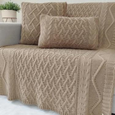 Imagem de Kit Manta Tricot Luxo 150x90cm + 2 Almofadas com Enchimento | Zíper Invisível | Fibra Siliconada | Sofá Sala | Xale Decorativo Elegante s05 (Bege Aramis)