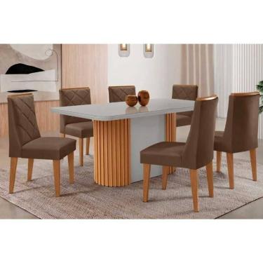 Imagem de Conjunto Sala de Jantar Pilar c/ Tampo Madeirado c/ Vidro Canto Curvo 180x90cm e 6 Cadeiras Pietá Madeira Maciça Naturale/Off White - Capuccino/Suede 
