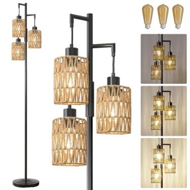 Imagem de Oneach Candeeiros de chão de 172 cm para sala de estar, luminária de chão Boho regulável contínua com 3 lâmpadas, lâmpada de árvore de canto industrial de fazenda alta para quarto, escritório, sala de