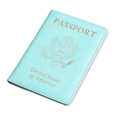 Imagem de Carteira de passaporte PU espessa para passaporte dos EUA, porta-passaporte, multifuncional, porta-cartão de vacina, bolsa para passaporte, mini capa para passaporte, Azul ciano, One Size, Americano