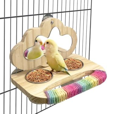 Imagem de Tfwadmx Copos de alimentação de madeira para papagaios pequenos para pássaros pequenos tigelas de aço inoxidável para pássaros tigelas de água com suporte de comida para periquito e arara