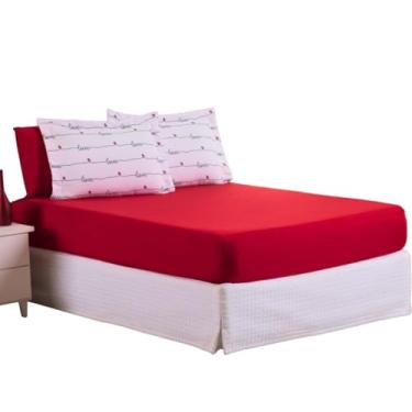 Imagem de Kit Jogo Lençol Roupa Cama Casal Super King 5 Peças Elastico Fronha Basico Simples Toque Seda Macio Love Vermelho