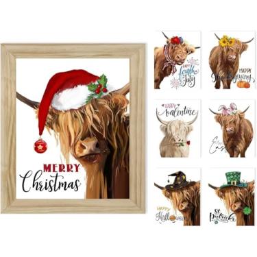 Imagem de Arte de parede de Natal de vaca Highland: quadros de vaca placas de decoração de parede de fazenda com 7 frases sazonais intercambiáveis, molduras de madeira rústica 28 x 40 cm pinturas para pendurar