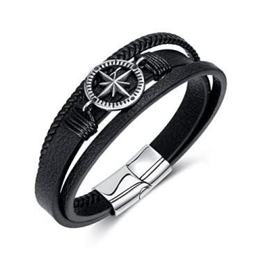 Imagem de Rockyu Pulseira masculina de couro preto e bússola de aço inoxidável 210 mm de comprimento 11 mm de largura, design ousado, joias modernas