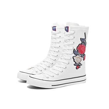 Imagem de Momuk Tênis feminino de lona de cano alto com cadarço moderno e casual para meninas, Branco-03, 9.5