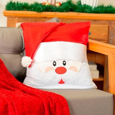 Imagem de Almofada Avulsa Cheia Bordada Papai Noel Natalina 45cm x 45cm com Gorro em Cetim - Decoração Natal Fim de Ano (Vermelho)