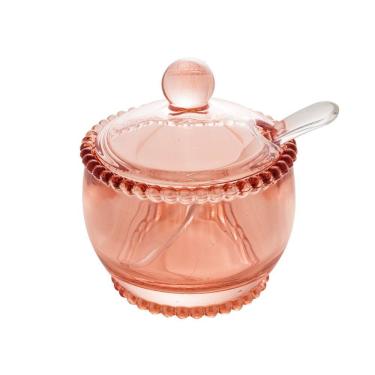 Imagem de Açucareiro de Cristal C/Colher Plástica Pearl Bolinha Rosa 11x10cm Wolff